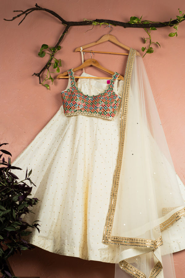 Ivory Kaleidoscope Dream Blouse With Ivory Stonework Lehenga & Ivory Dupatta Black Thread Co