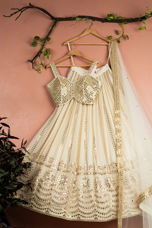 Ivory Sequin Starlight Lehenga With Ivory Mirror Blouse & Dupatta Black Thread Co Ivory Sequin Starlight Lehenga With Ivory Mirror Blouse & Dupatta Black Thread Co