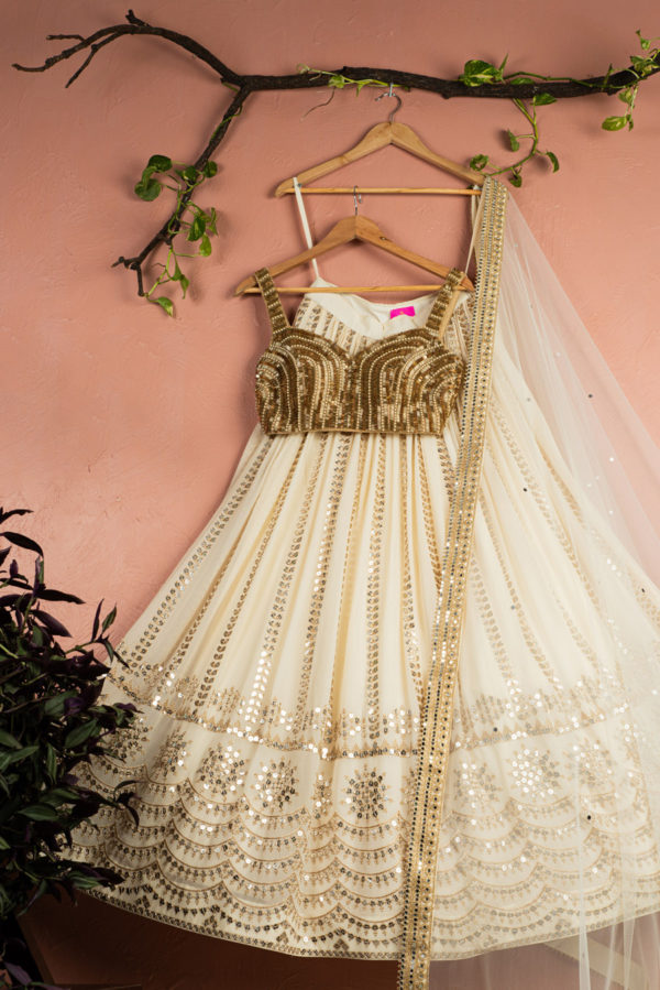 Ivory Sequin Starlight Lehenga With Gold Blouse & Ivory Dupatta Black Thread Co Ivory Sequin Starlight Lehenga With Gold Blouse & Ivory Dupatta Black Thread Co