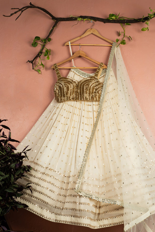 Ivory Radiant Sequin Lehenga With Gold Sequin Blouse Set Black Thread Co