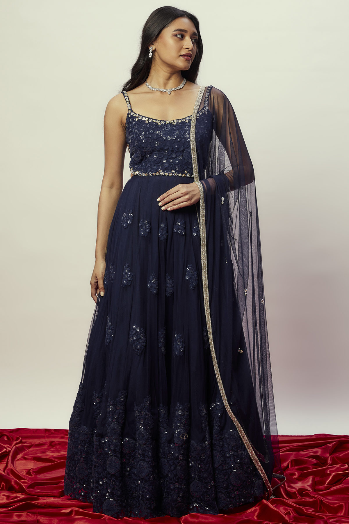 Shanaya Midnight Blue Floral Anarkali Gown Black Thread Co