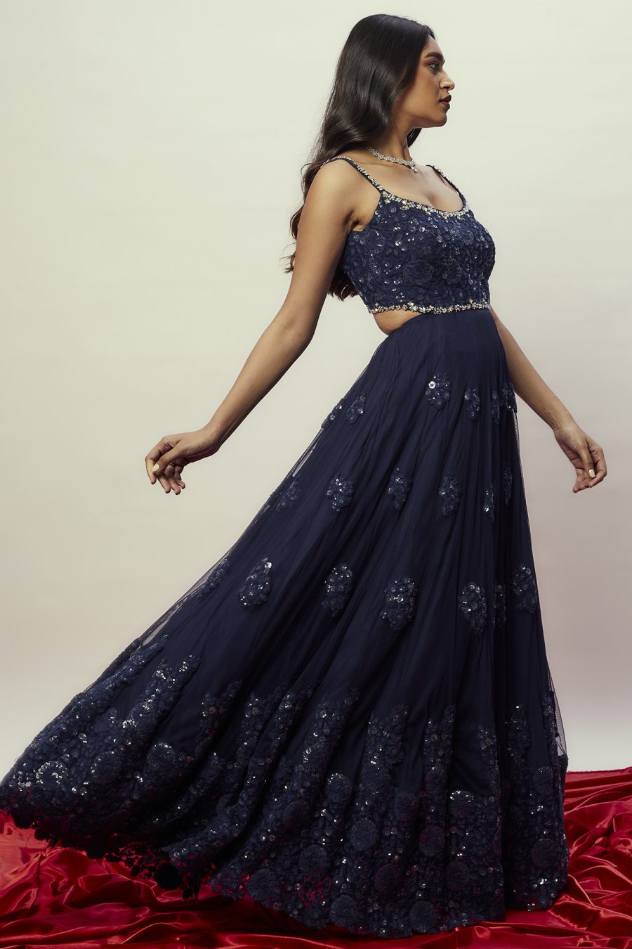 Midnight Blue Floral Anarkali Gown Black Thread Co 6