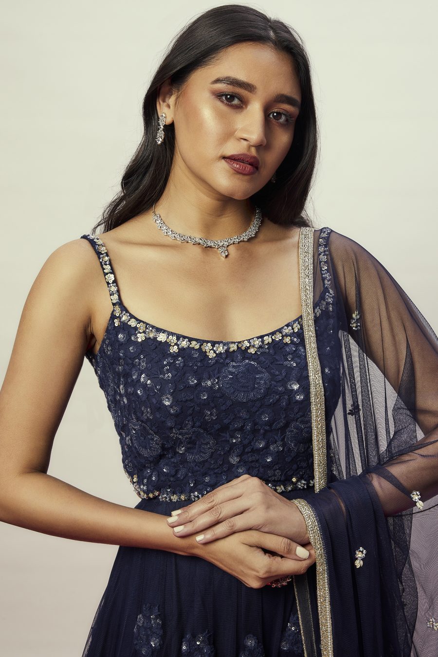 Midnight Blue Floral Anarkali Gown Black Thread Co 7