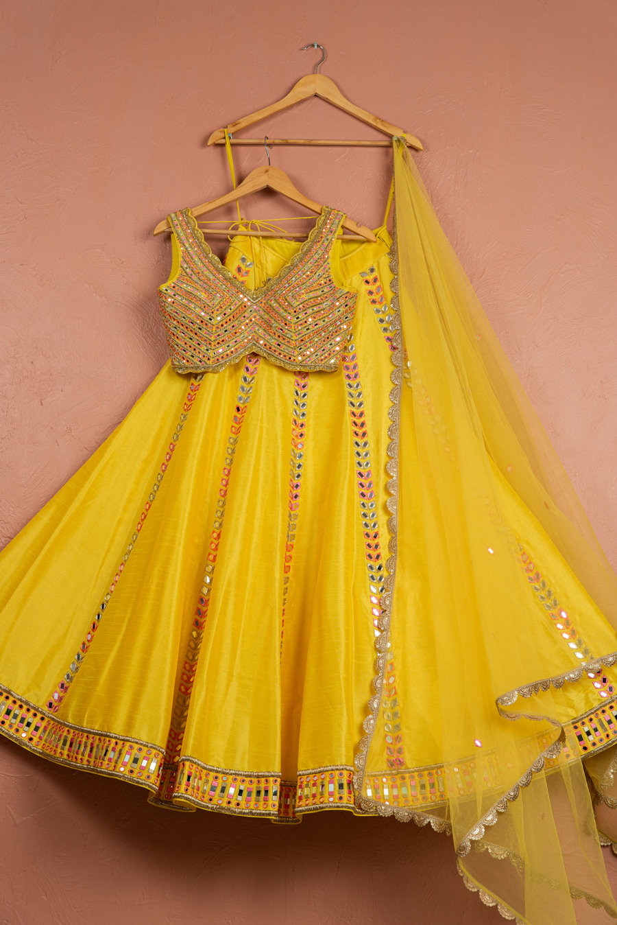SUNFLOWER YELLOW COLORED MIRRORWORK LEHENGA SET4 Anisha Shetty Black Thread Co UK