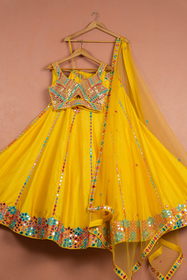 Sunshine Yellow Multicolor Thread & Mirrorwork Lehenga Set Black Thread Co Sunshine Yellow Multicolor Thread & Mirrorwork Lehenga Set Black Thread Co