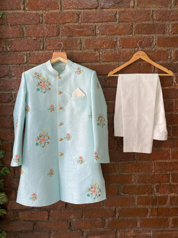 Aqua Blue Embroidered Sherwani Black Thread Co Aqua Blue Embroidered Sherwani Black Thread Co