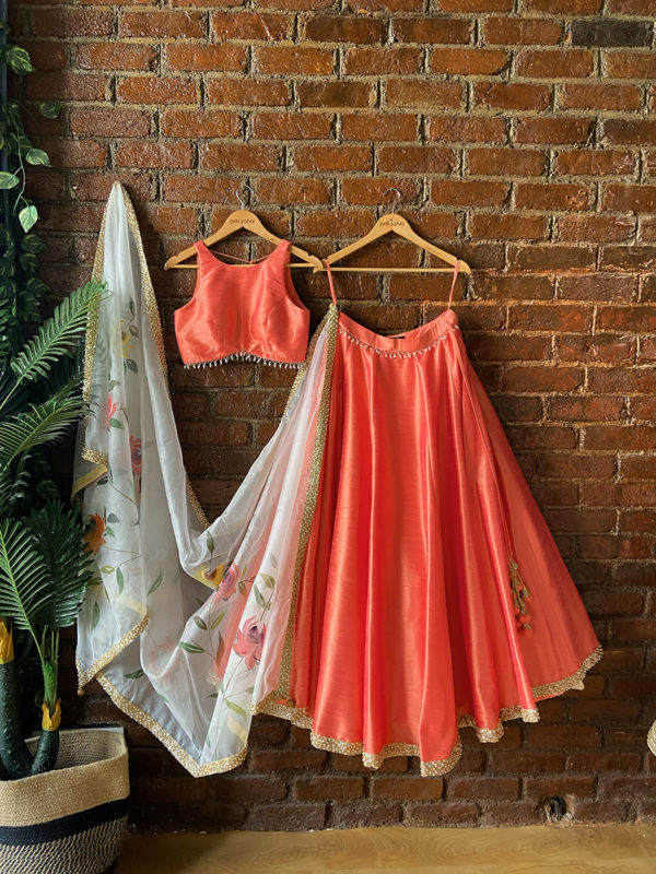 Coral Lehenga Set with Hand-Painted Dupatta Black Thread Co Coral Lehenga Set with Hand-Painted Dupatta Black Thread Co
