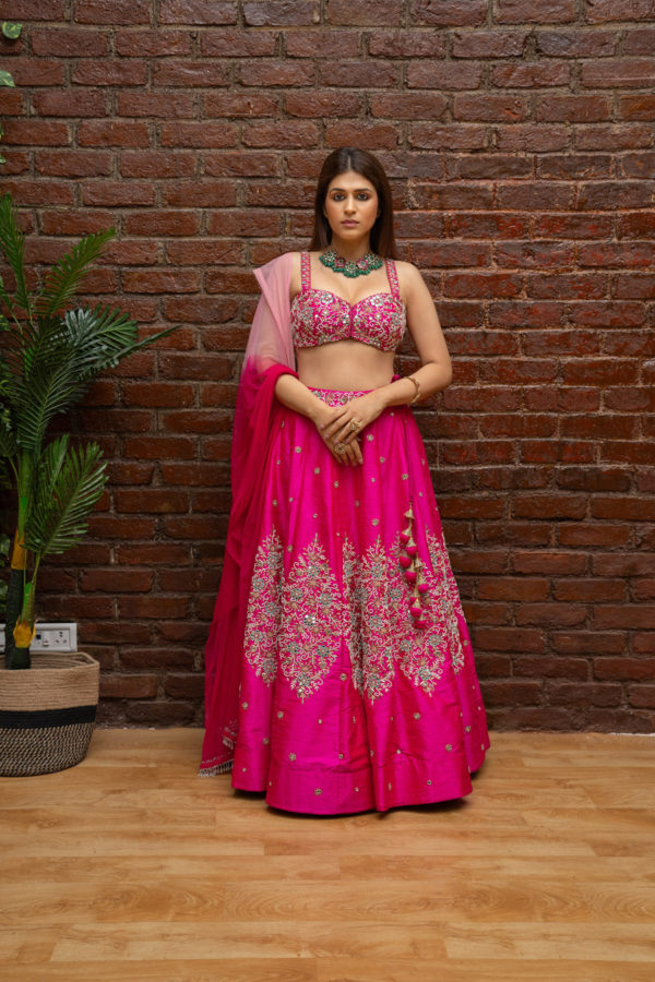 Hot Pink Hand-Embroidered Lehenga Set Black Thread Co Hot Pink Hand-Embroidered Lehenga Set Black Thread Co