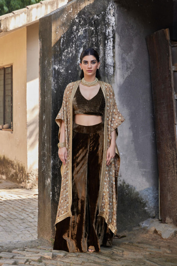 Short Blouse & Flared High Waisted Pants with Cape Black Thread Co