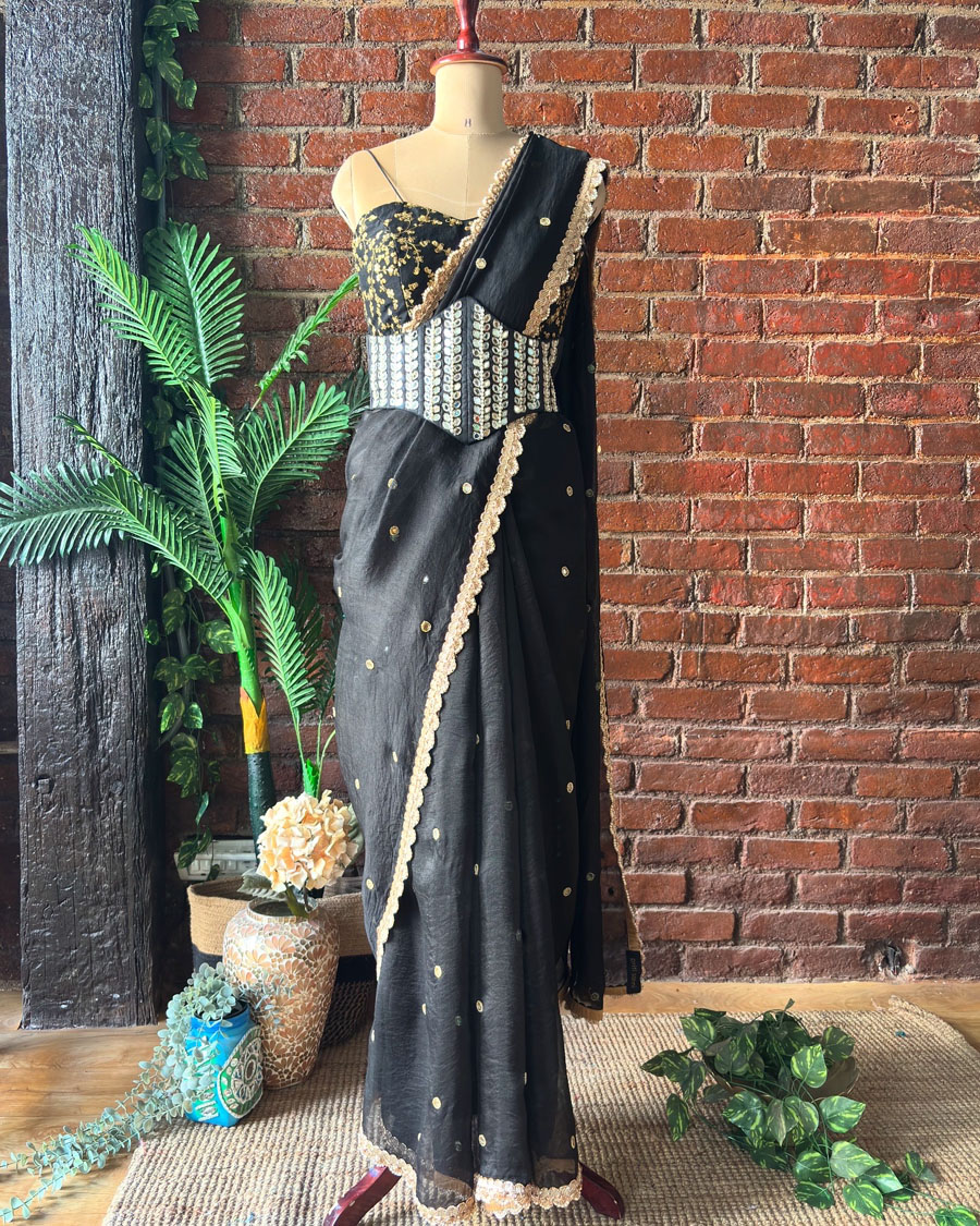 Black Ruffle Saree With Mirror Embroidery Black Thread Co 3