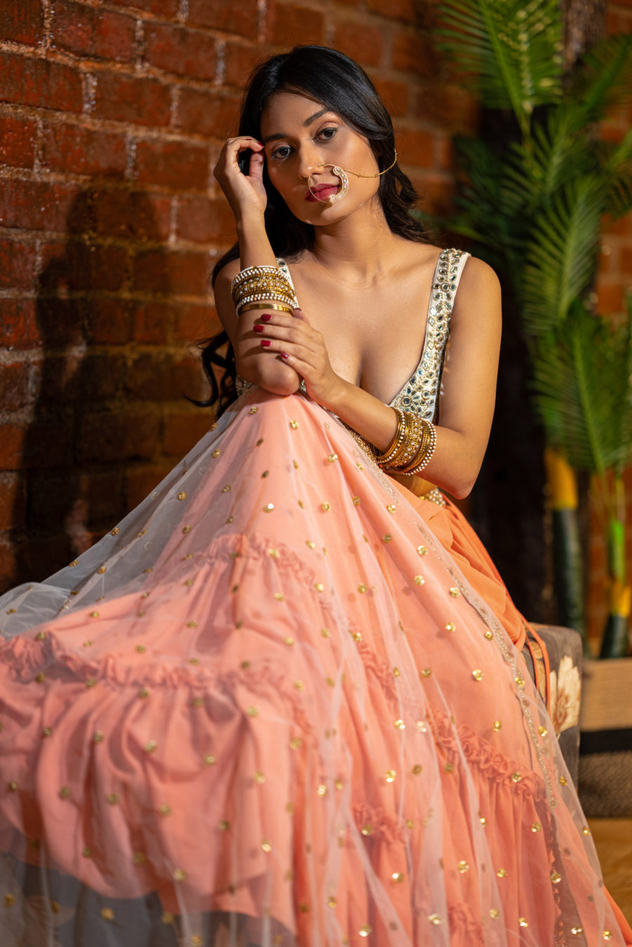 Peach and Ivory Ruffle Lehenga Set Black Thread Co 5