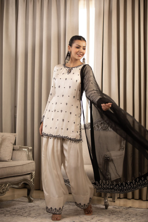 White On Black Dupatta Set Black Thread Co