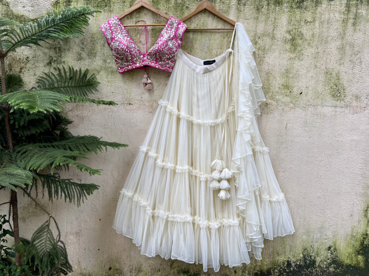 Ivory and Fuchsia Tier and Ruffle Lehenga Set Black Thread Co