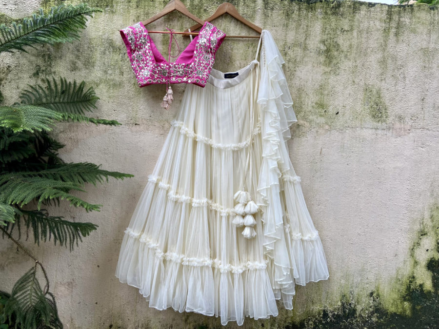 Ivory and Fuchsia Tier and Ruffle Lehenga Set Black Thread Co 7