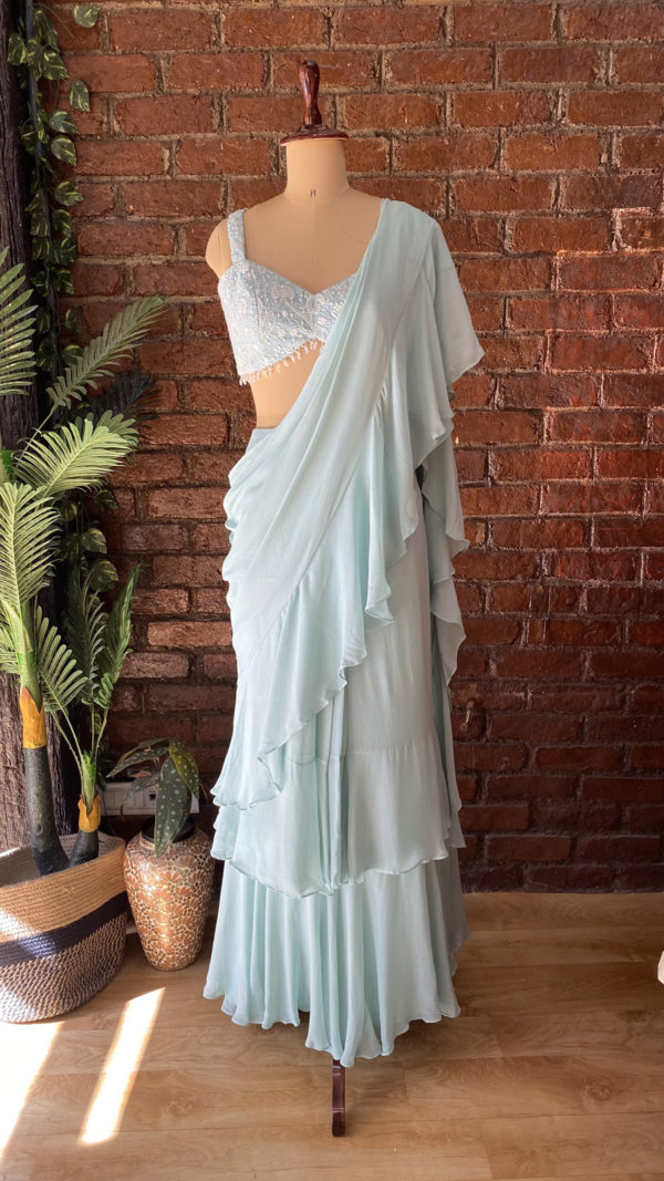 Mint Pre-Stitched Ruffle Saree Black Thread Co Mint Pre-Stitched Ruffle Saree Black Thread Co
