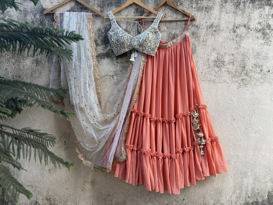 Peach and Ivory Ruffle Lehenga Set Black Thread Co 6
