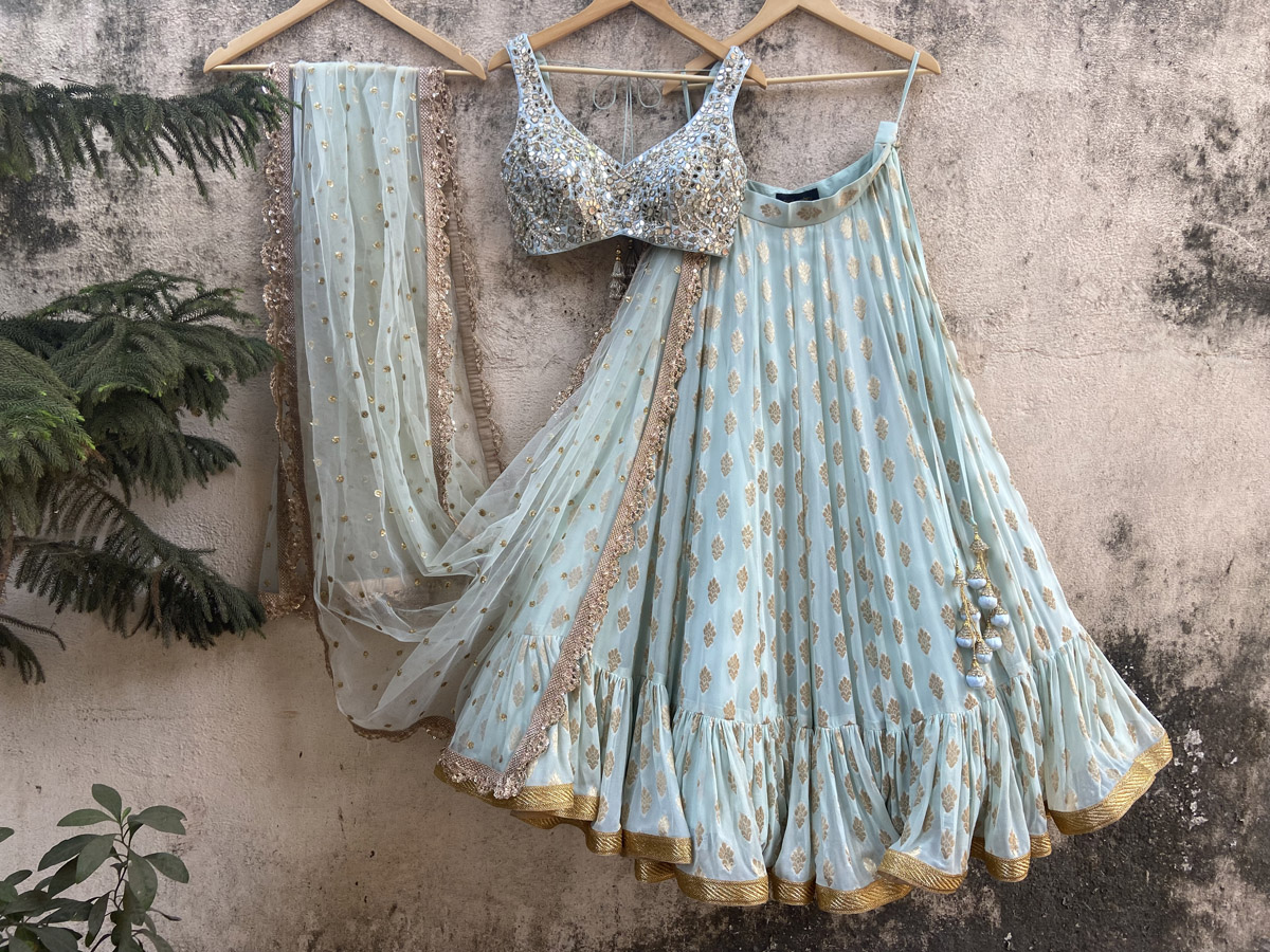 Peach and Ivory Ruffle Lehenga Set Black Thread Co 3