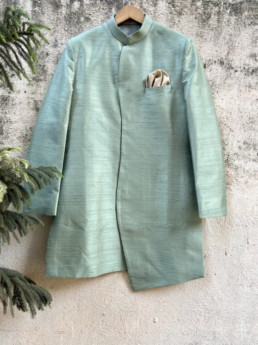 Sage Green Asymmetric Sherwani Black Thread Co 5
