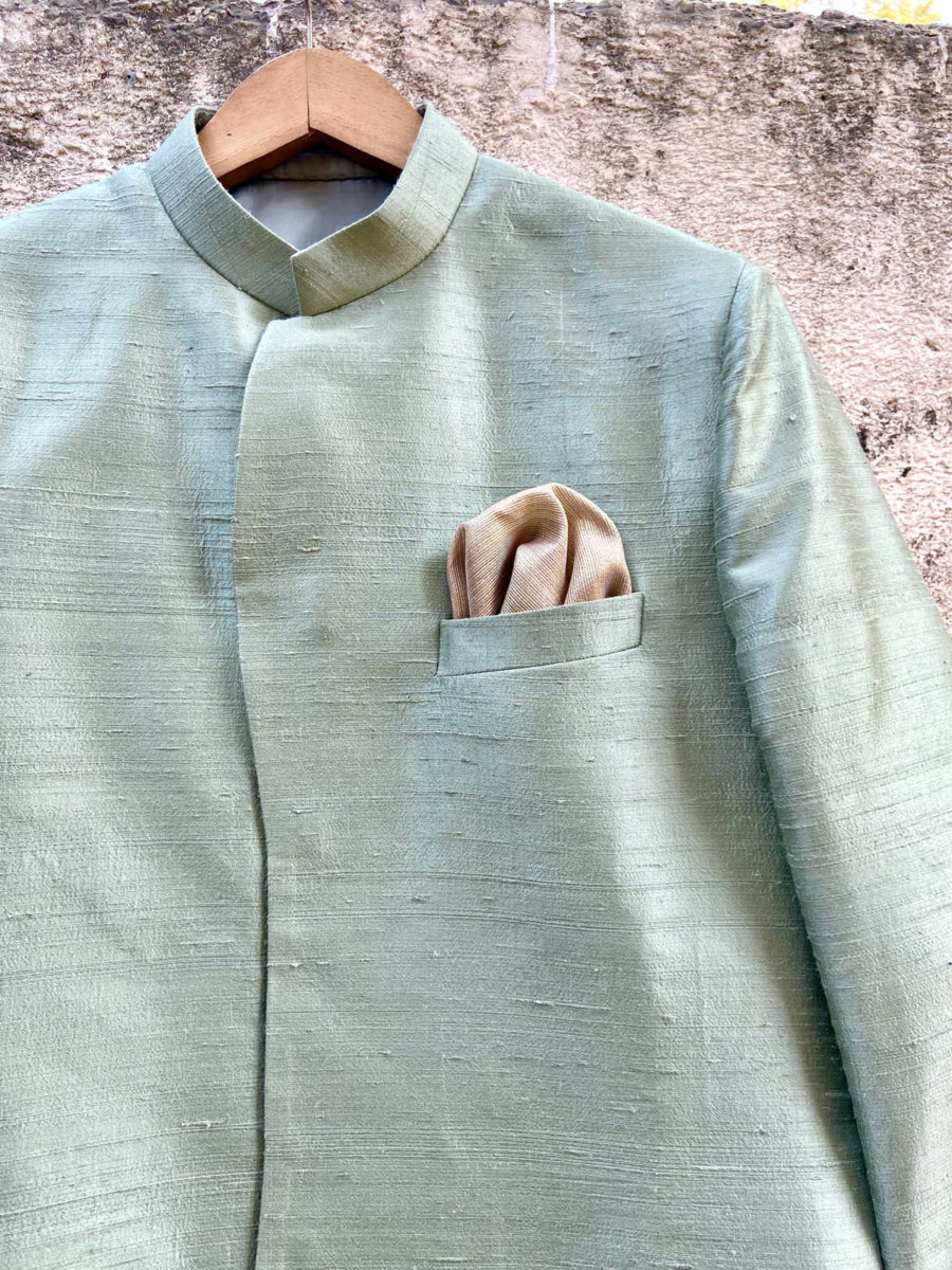 Sage Green Asymmetric Sherwani Black Thread Co 6