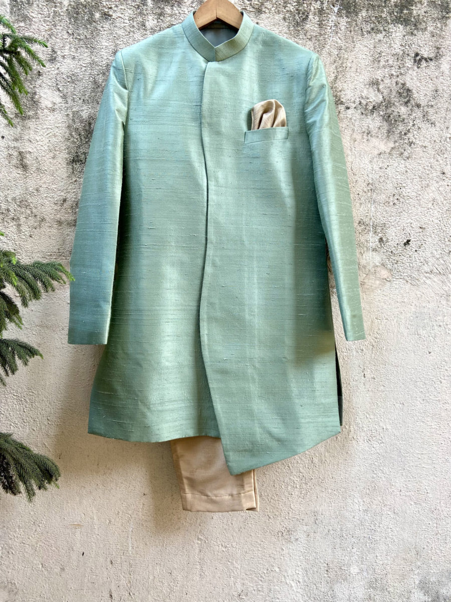 Sage Green Asymmetric Sherwani Black Thread Co 4