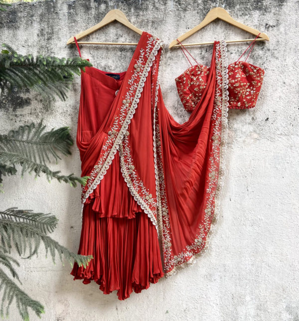 Rust Red Pre-Stitched Ruffle Saree Black Thread Co