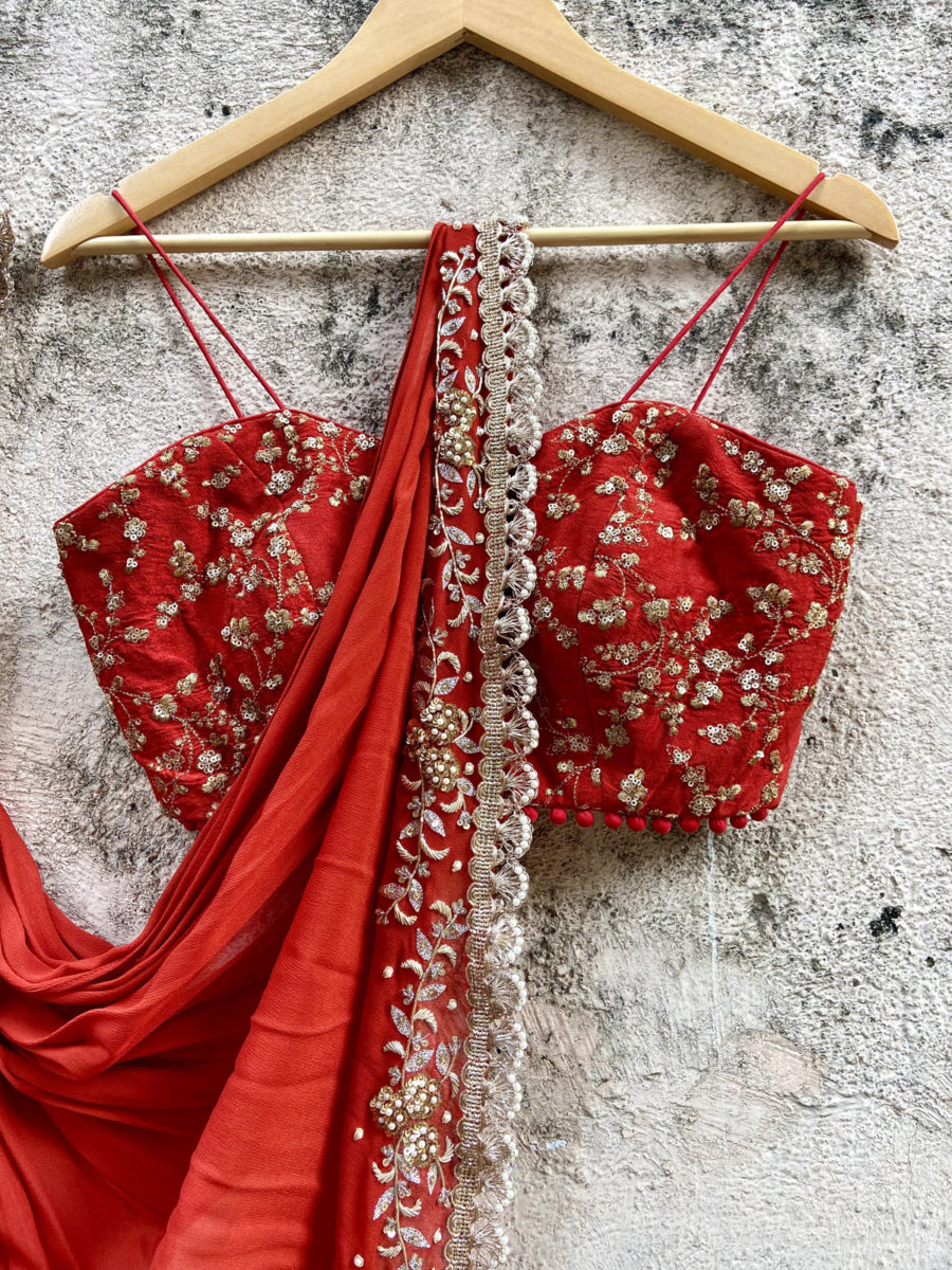 Rust Red Pre-Stitched Ruffle Saree Black Thread Co 6