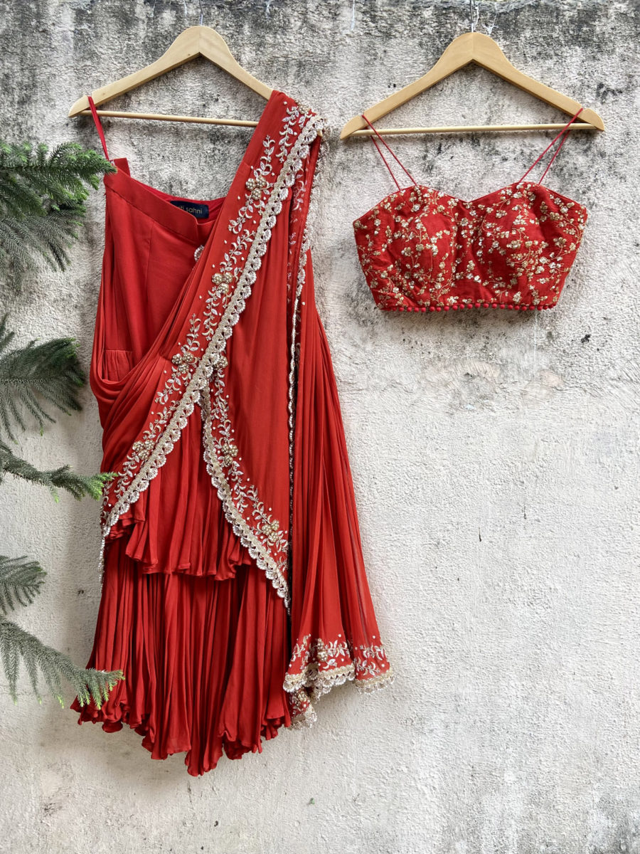Rust Red Pre-Stitched Ruffle Saree Black Thread Co 7