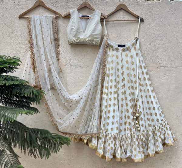 Ivory Ruffle Lehenga and Raw Silk Blouse Set Black Thread Co Ivory Ruffle Lehenga and Raw Silk Blouse Set Black Thread Co