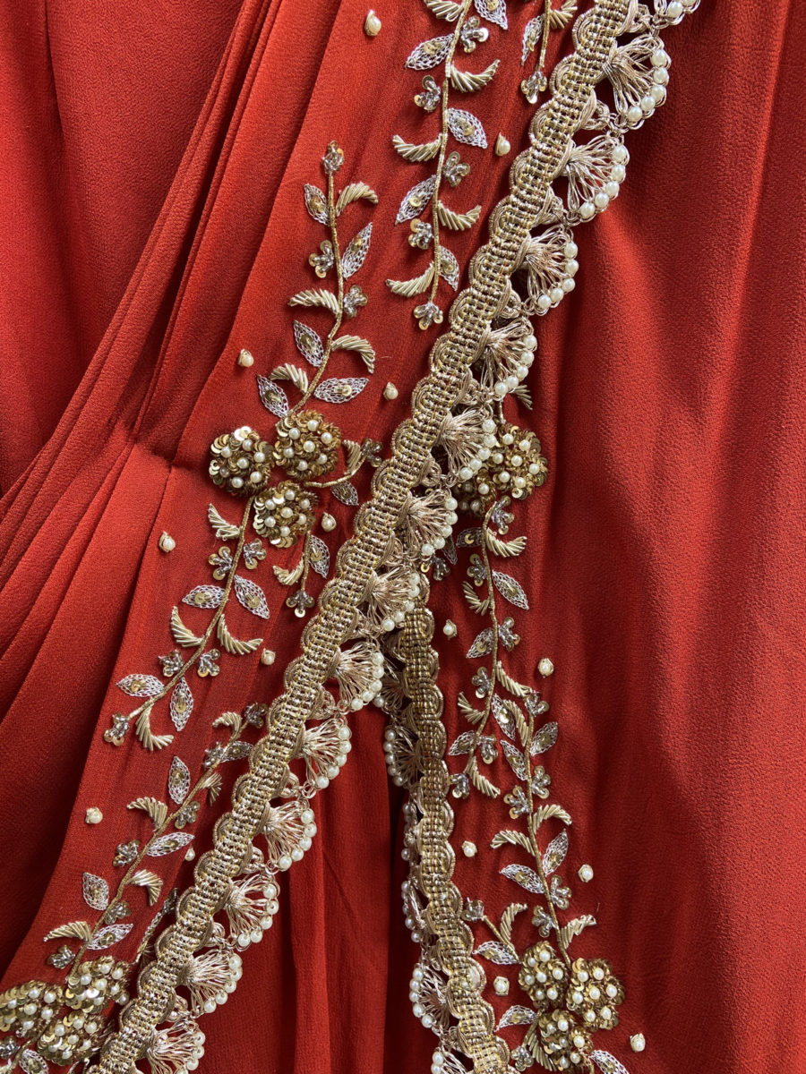 Rust Red Pre-Stitched Ruffle Saree Black Thread Co 9
