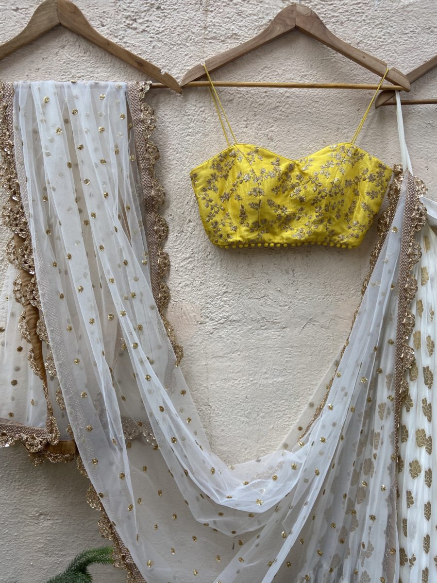 Ivory Ruffle Lehenga and Yellow Bustier Set Black Thread Co 5