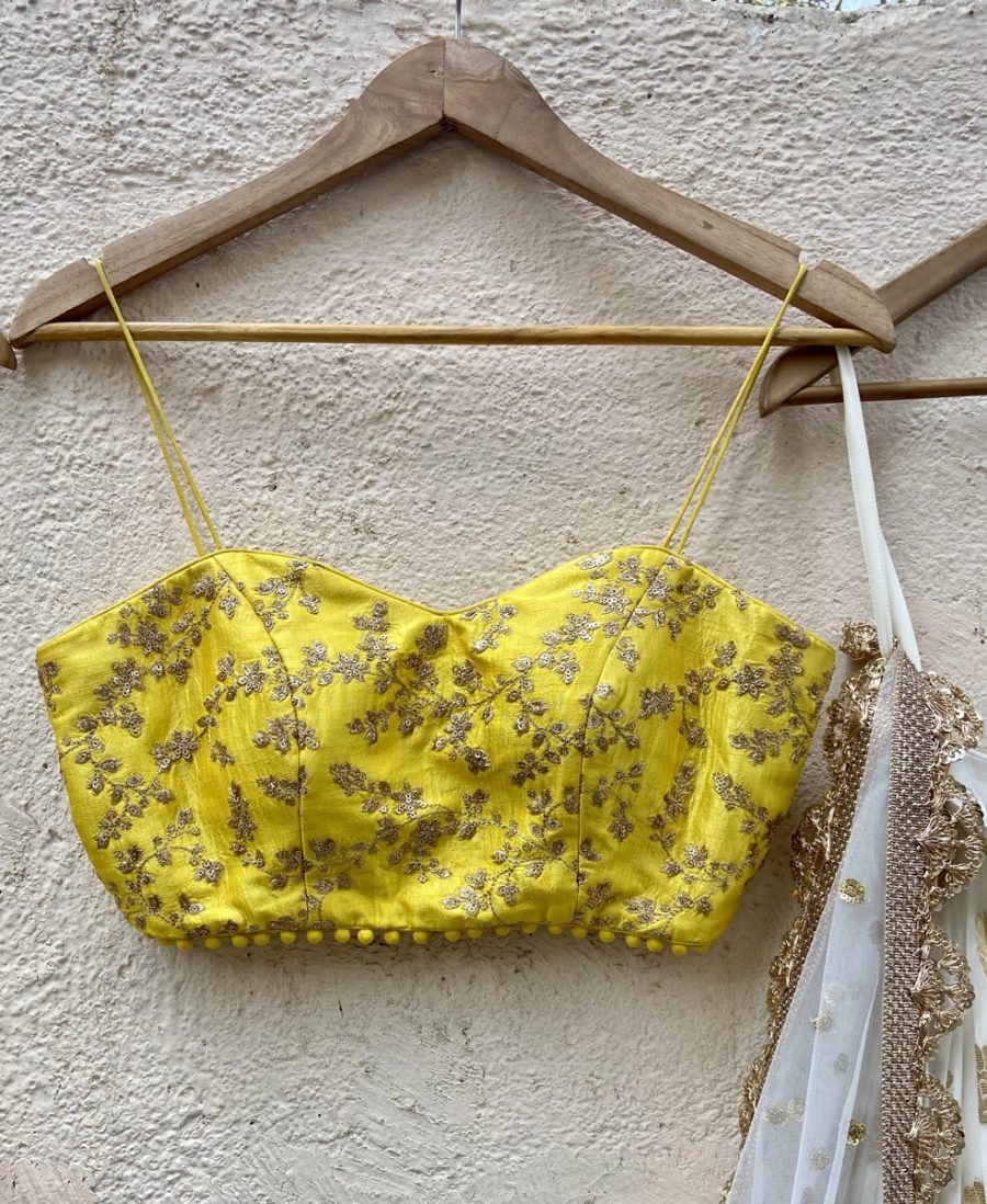 Ivory Ruffle Lehenga and Yellow Bustier Set Black Thread Co 6