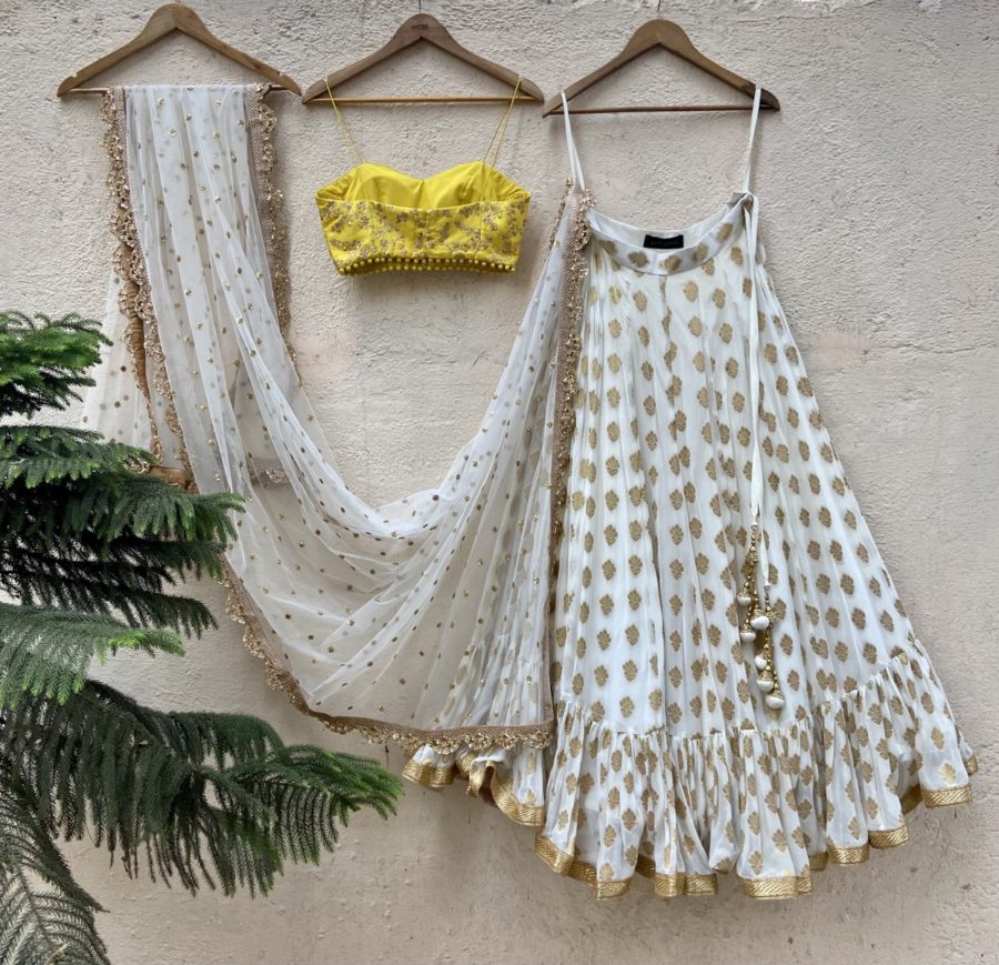 Ivory Ruffle Lehenga and Yellow Bustier Set Black Thread Co 7
