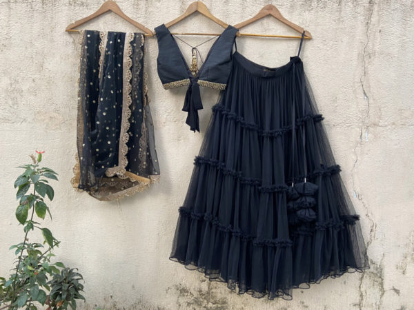 Black Tier Lehenga Set with Raw Silk Blouse Black Thread Co Black Tier Lehenga Set with Raw Silk Blouse Black Thread Co