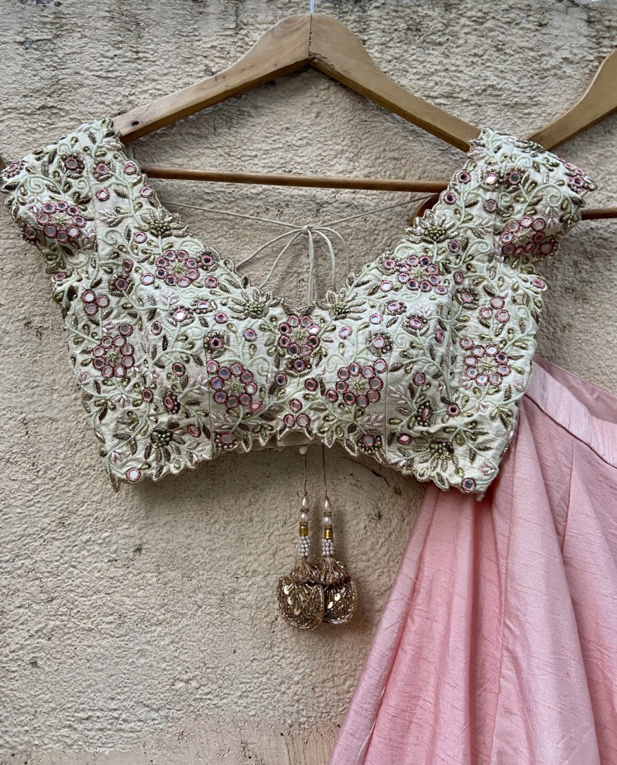 Pink Lehenga Set with Ivory Embroidered Blouse Black Thread Co 5