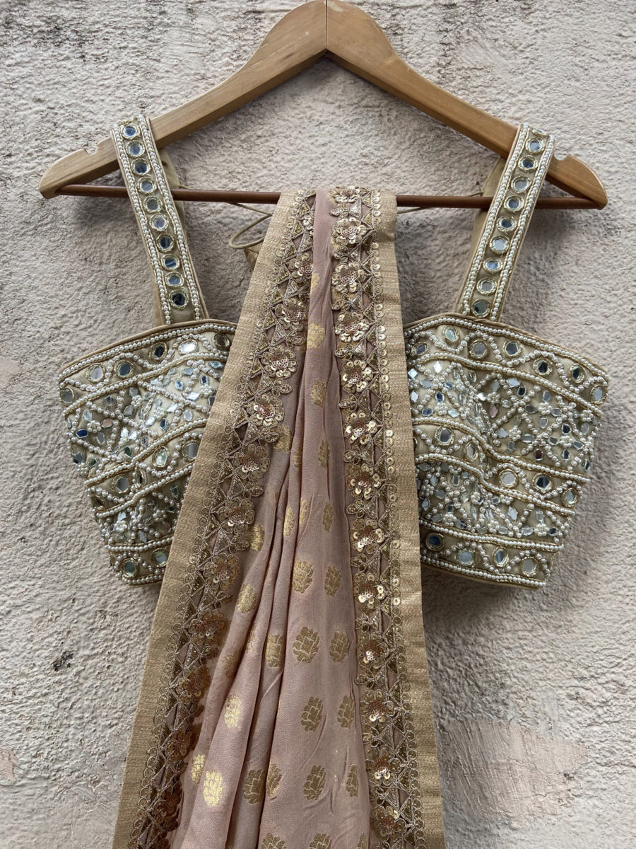 Nude Georgette Saree with Mirror Bustier Black Thread Co 5