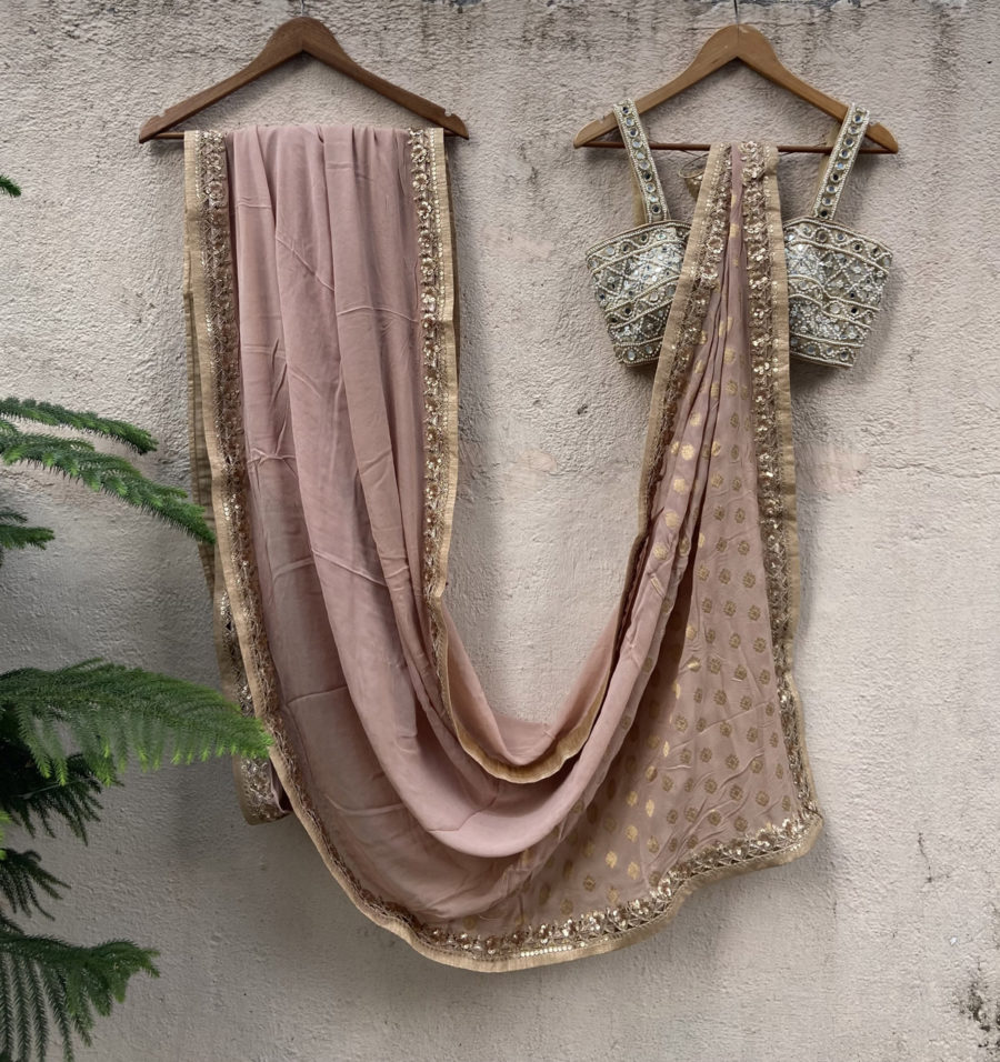 Nude Georgette Saree with Mirror Bustier Black Thread Co 7