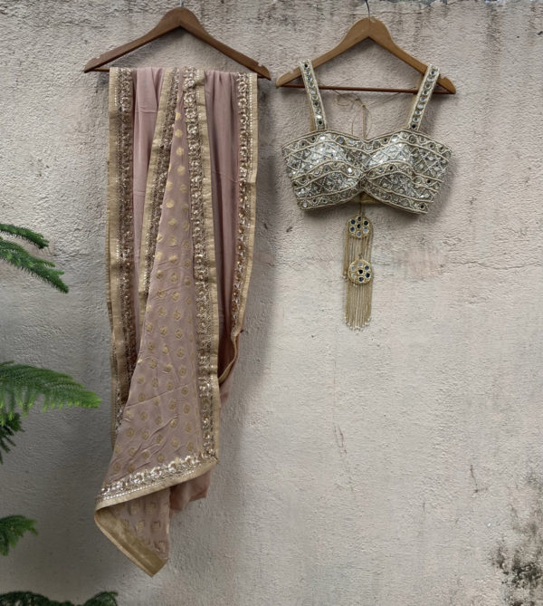 Nude Georgette Saree with Mirror Bustier Black Thread Co