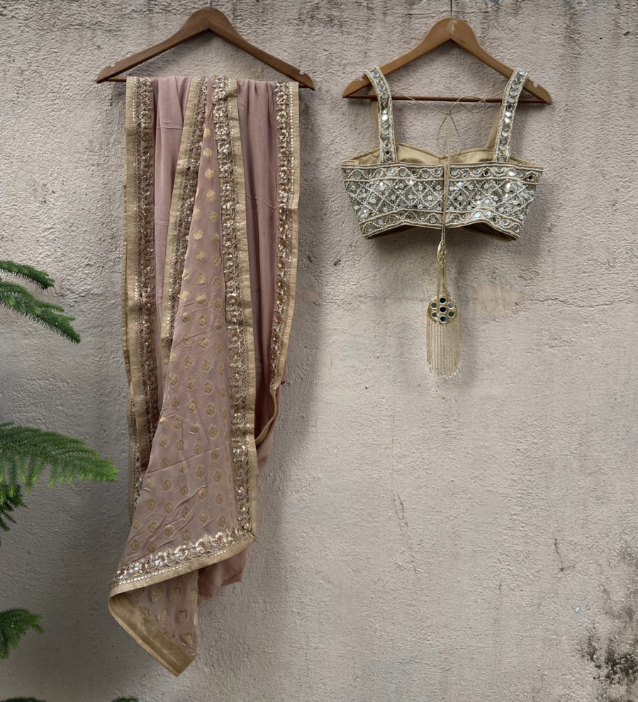 Nude Georgette Saree with Mirror Bustier Black Thread Co 8
