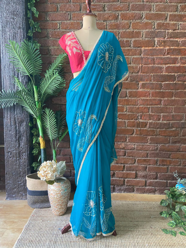 Teal Chiffon Embroidered Saree Black Thread Co Teal Chiffon Embroidered Saree Black Thread Co