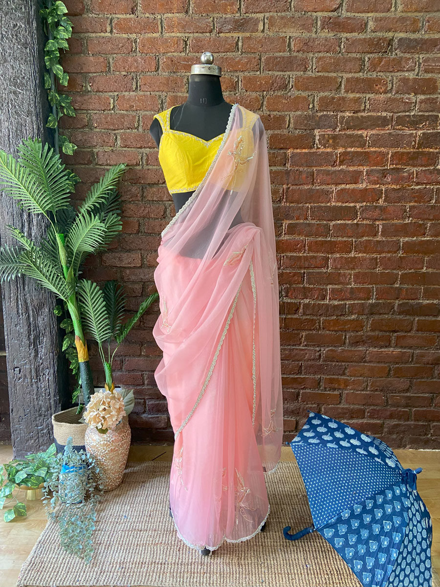 Tangerine Chiffon Saree Black Thread Co 2