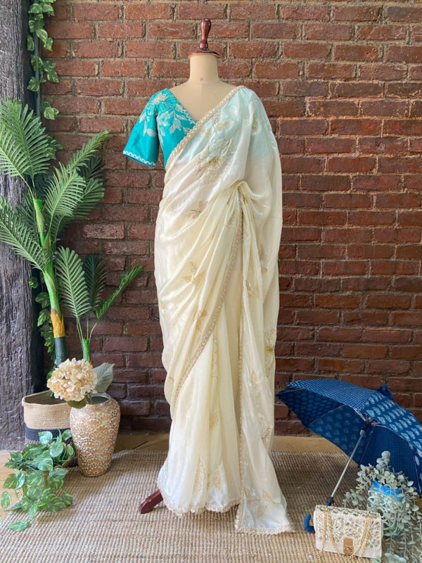 Ivory Tissue Embroidered Saree Black Thread Co