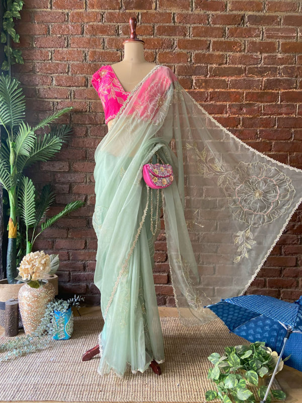 Sage Green Organza Embroidered Saree Black Thread Co Sage Green Organza Embroidered Saree Black Thread Co