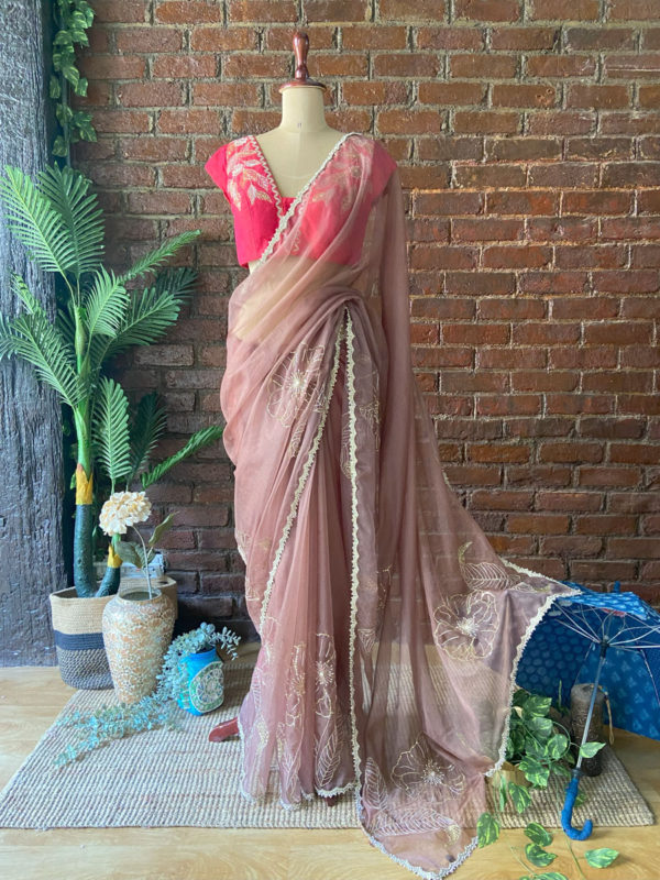 Burnt Burgundy Organza Embroidered Saree Black Thread Co Burnt Burgundy Organza Embroidered Saree Black Thread Co