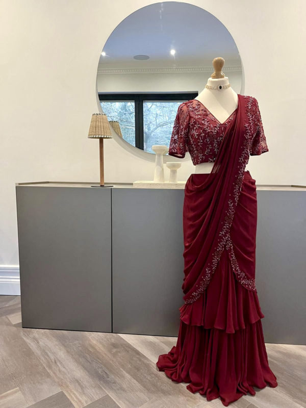 Burgundy Ruffle Saree With Self Embroidery Black Thread Co