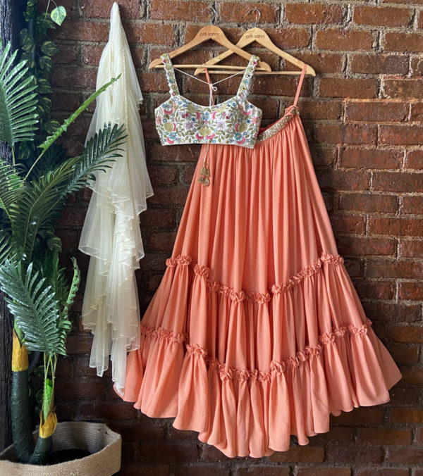 Ivory Swan and Peach Ruffle Lehenga Set Black Thread Co