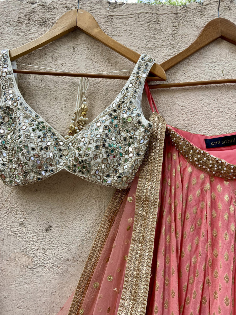 Coral and Ivory Mirror Work Lehenga Set Black Thread Co 5