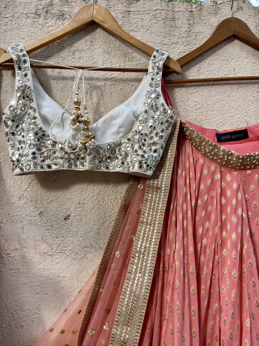 Coral and Ivory Mirror Work Lehenga Set Black Thread Co 8
