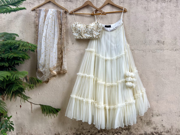Ivory Tier Lehenga and Bustier Set Black Thread Co Ivory Tier Lehenga and Bustier Set Black Thread Co