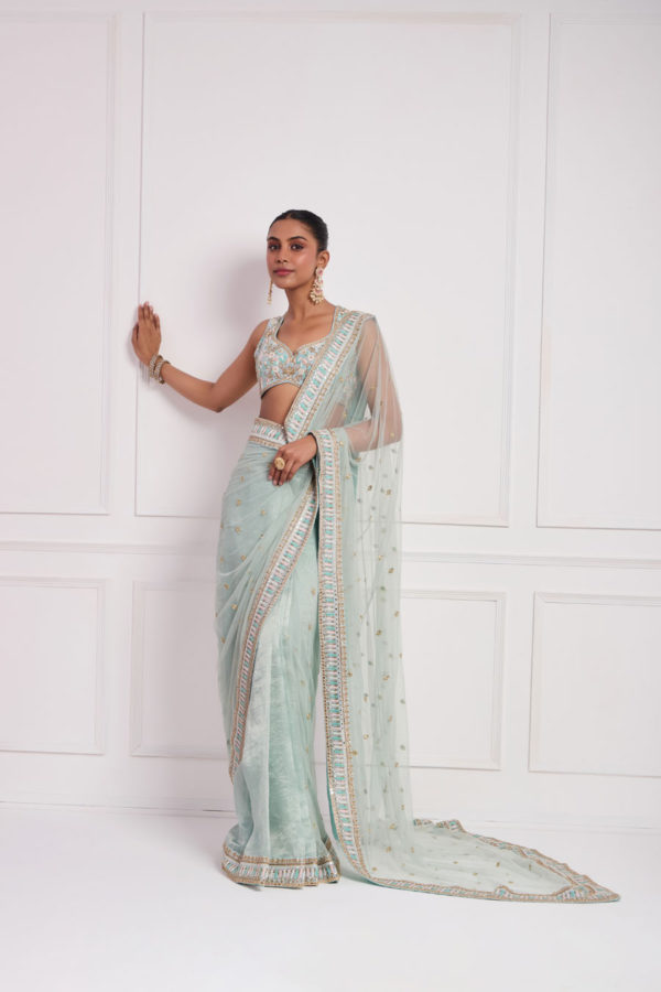 Sky Blue Pre Draped Saree Black Thread Co