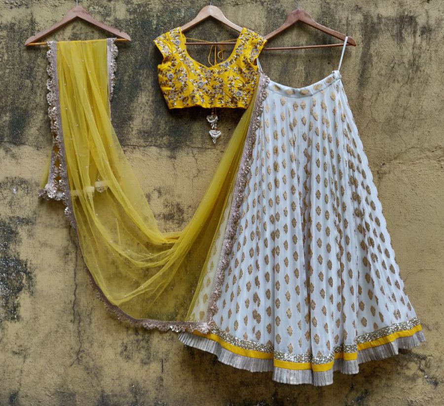 Ivory Lehenga and Yellow Embroidered Blouse Black Thread Co 4